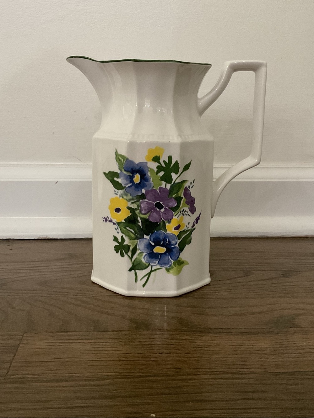 White Floral Ceramic Pitcher with Blue, Purple and Yellow Flowers